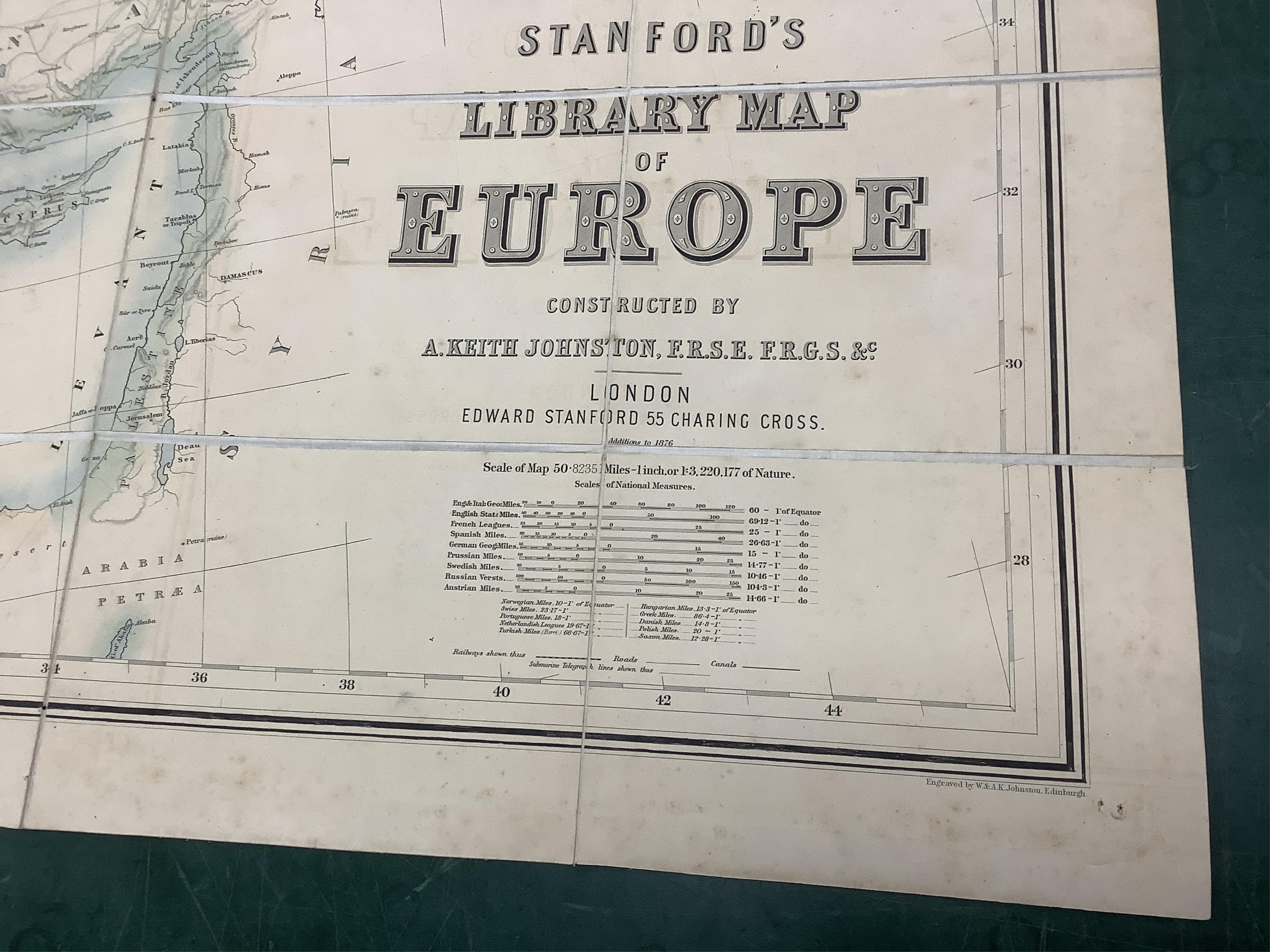 Stanford's Library Map of Europe ... by A. Keith Johnston ... 4 sheets, coloured and folded on line, sheets approx. 75 x 82cm within ruled borders, contained in original morocco case, 1876
